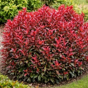 Glanzmispel Carré Rouge Hecke mit intensiv roten jungen Trieben im Garten