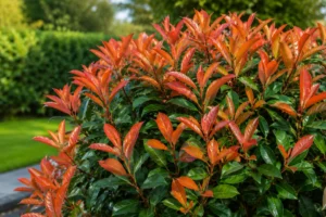 Glanzmispel Mandarino mit leuchtenden orange-roten Neutrieben im Garten