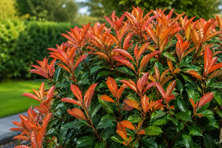 Glanzmispel Mandarino mit leuchtenden orange-roten Neutrieben im Garten