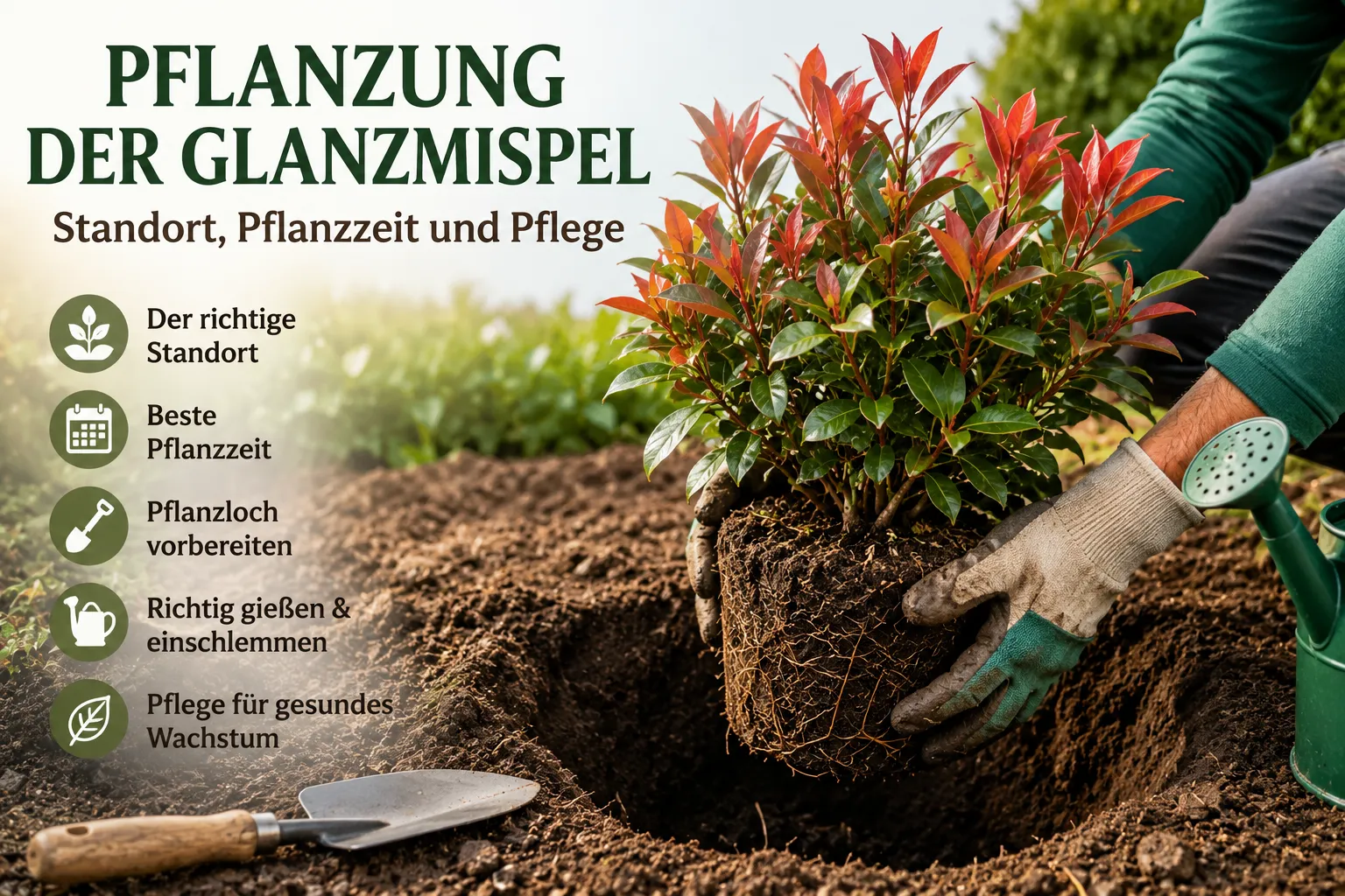 Pflanzung der Glanzmispel mit rotem Austrieb – Vorbereitung des Pflanzlochs und richtiges Einsetzen der Pflanze
